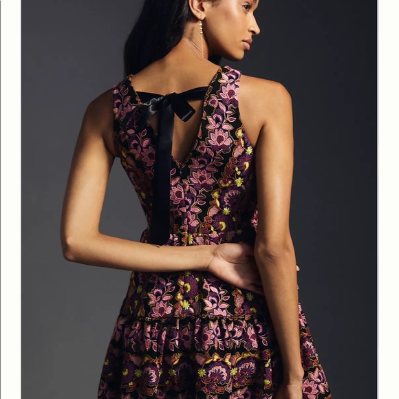 By Anthropologie Deep-V Mini Dress $398 sz 6 black purple embroidered BEAUTIFUL - Picture 4 of 10